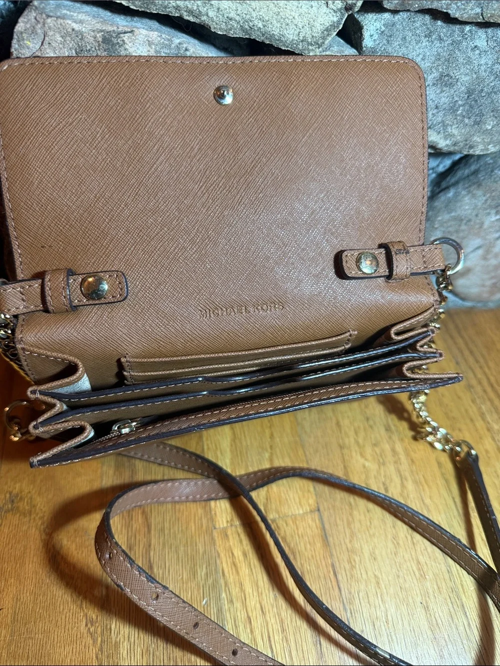 Michael Kors Brown Saffiano Leather Wristlet Clutch with Gold Logo